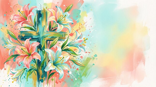 Modern Abstract Paint Splash Cross and Easter Lily Shapes