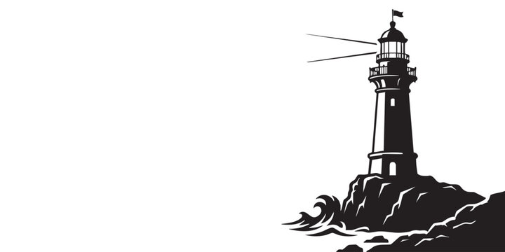 Black silhouette of lighthouse on rocky shore: minimalistic nautical vector illustration with ocean waves on transparent background for stencil