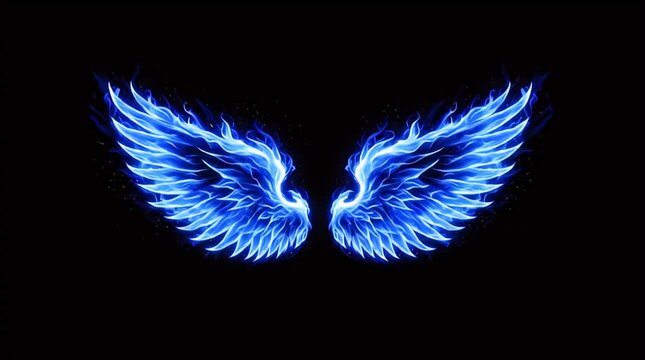 A stunning pair of vibrant blue fiery wings gracefully emerge from the deep darkness, radiating intense energy and ethereal beauty, perfect for captivating fantasy and spiritual themes.