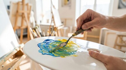 Obraz premium Artist hand using a metal palette knife to mix blue and yellow oil paints on a white palette