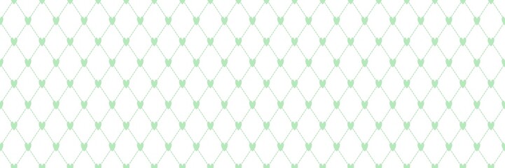 Fototapeta premium Mint green heart pattern on white background. Seamless diamond harlequin trellis with dashed lines. Cute pastel romantic wallpaper for wedding, Valentine, or baby shower design.