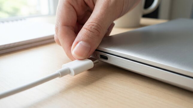 Close up of a hand plugging a white USB type c charging cable into a silver laptop port