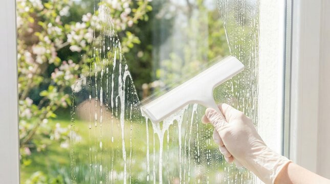 Hand in a protective rubber glove using a white squeegee to clean soapy water off a glass window