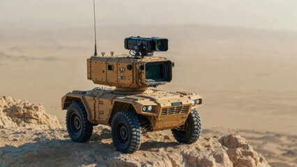 Obraz premium Advanced Desert Reconnaissance Robot Vehicle with Sensor Suite in Arid Terrain