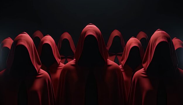 A sinister gathering of identically robed figures with deep hoods creates an intimidating and mysterious cinematic crowd scene illuminated by dramatic red light.