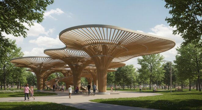 A futuristic outdoor pavilion with large, mushroom-like structures providing shade for people in a park setting