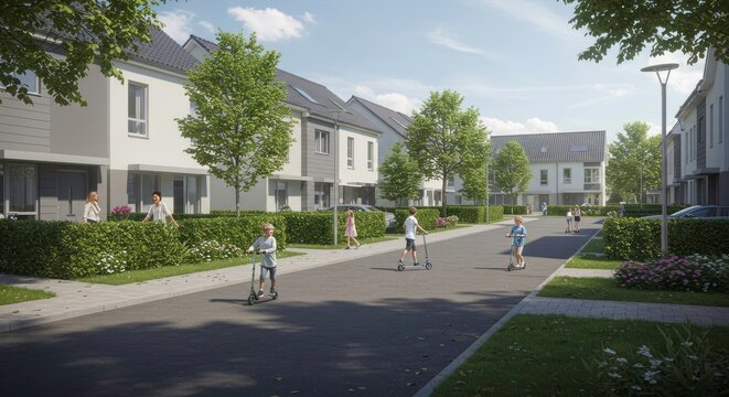 A serene suburban street scene with modern houses, children riding bikes, and lush greenery