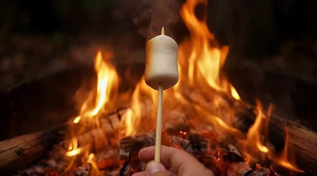 Toasting a marshmallow over a blazing bonfire on a stick in nature
