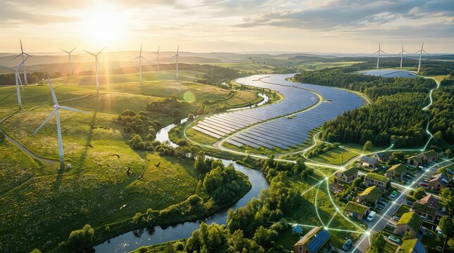 Aerial renewable energy landscape with solar panels wind turbines smart grid network and rural village for clean power transition and connected community infrastructure
