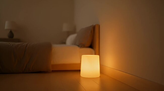 A calming bedroom scene illuminated by a soft bedside table lamp