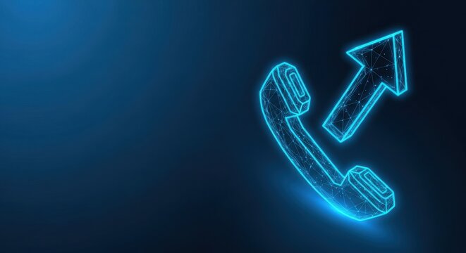 Abstract glowing telephone icon with futuristic wireframe design on dark blue background representing communication technology and support services