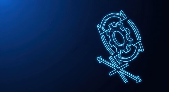 Abstract Neon Blue Workflow Process with Gears and Arrows on Dark Background