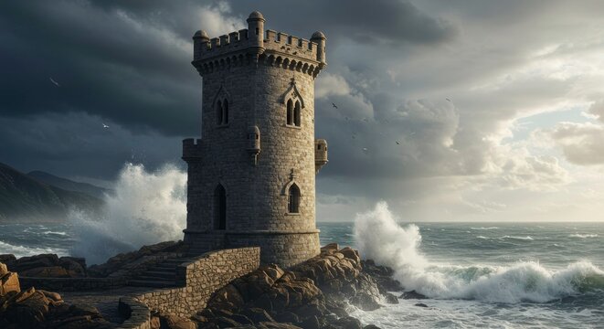 A tall, ancient stone tower stands on rugged rocks by the turbulent sea, under a dark and stormy sky with crashing waves