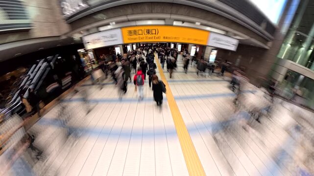 TOKYO, JAPAN - FEB 2026 : Blurred time lapse shot of crowd of people walking at the busy station in night time rush hour. Many commuters going home. Japanese business people and lifestyle concept.
