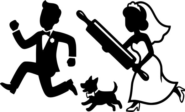 Black and white vector silhouette of a groom running away from a bride who is chasing him with a large rolling pin, accompanied by a small dog.