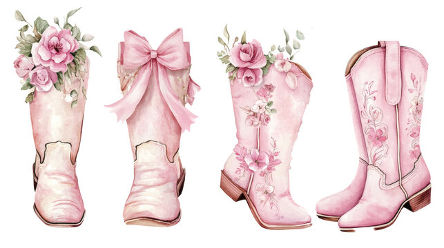 Four pink watercolor cowboy boots with floral details and bows, arranged side-by-side on white background
