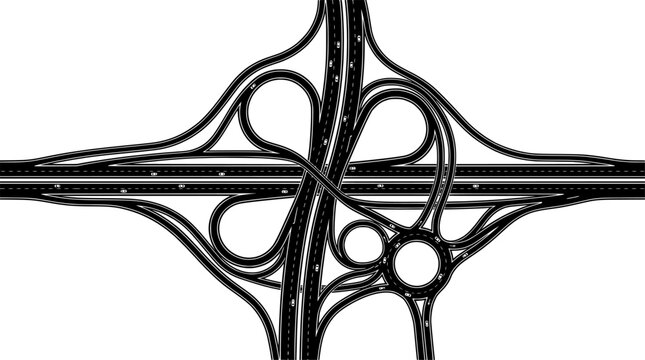 Minimalist black and white illustration of highway intersection with cars and bridges
