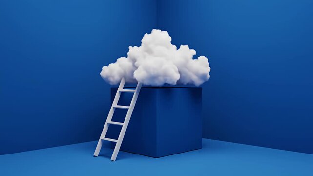 White ladder leading to cloud on blue cube in minimalist room