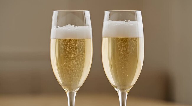 Elegant champagne flutes filled with sparkling wine against a blurred background