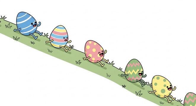 Colorful easter eggs funny faces rolling down green grass hill cartoon illustration