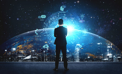 Concept of an enterprise Artificial Intelligence solution. A central processor powers machine learning for business automation, innovation, and intelligent data analysis. Fermion