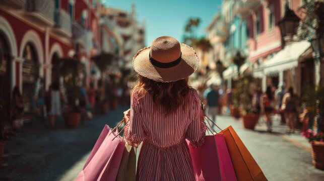 Woman shopping in a colorful street with many stores and people around