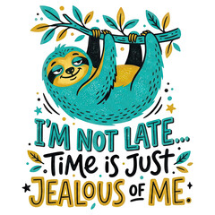 Fototapeta premium Playful hand-drawn sloth in teal and yellow hanging from a leafy branch with a humorous hand-lettered quote 