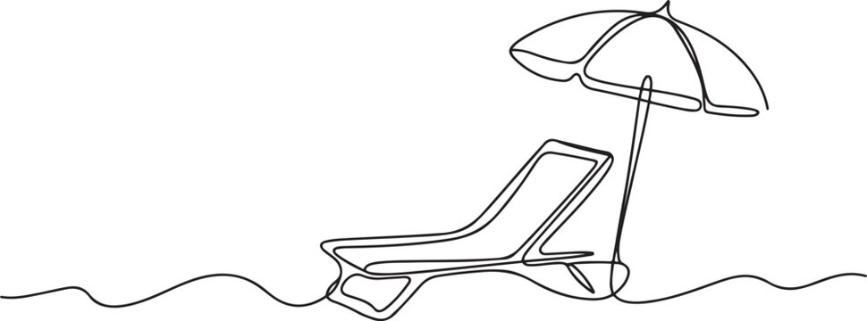 Simple continuous one line drawing of sunbed. Beach umbrella and chair for summer holiday , vacation concept. Editable line vector. one line Icon drawing