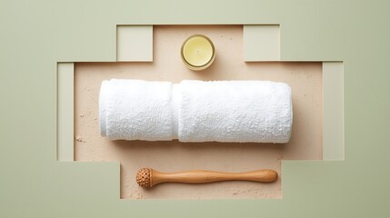 Obraz premium AI Generative Create Spa Wellness Setup with Rolled Towel Candle and Massage Tools for Relaxation