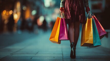 Woman walking on the street carrying colorful shopping bags in a busy urban setting