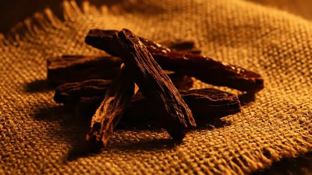 Dried Ayurvedic Herb Roots on Rustic Burlap for Holistic Healing
