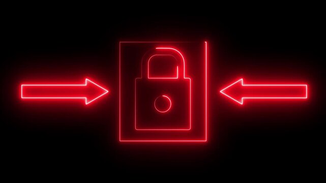 security with two arrows icon animation glowing neon red and blue color lock privacy circle rectangle round rotation protection information direction signal sign.4k animation