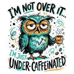 Naklejka premium A tired teal and orange owl holding an empty steaming coffee mug with droopy eyes and the humorous slogan 