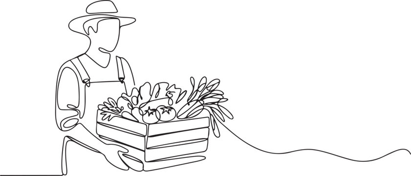 Farmer with vegetables continuous one line drawing. Farmer holding box with full of vegetables in single line art illustration. one line Icon drawing