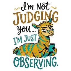 Fototapeta premium Humorous illustrative llama holding a notepad and pen with hand-lettered text reading 