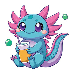 Obraz premium A cheerful turquoise axolotl enjoys a refreshing orange drink with bubbly accents