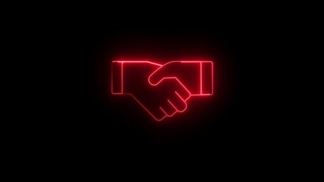 A neon sign of two hands shaking. The sign is blue . of the sign is that it represents a handshake, which is a symbol or partnership.4k video animation Abstract glowing neon icon of two hands