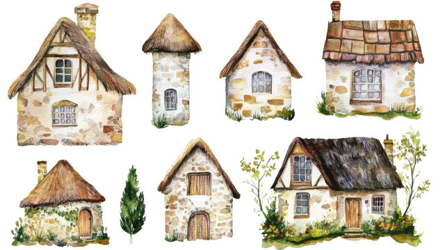 Watercolor illustrations of six quaint thatched-roof cottages arranged in two rows, rustic stone walls, wooden doors and windows, floral and grassy accents; soft neutral palette.
