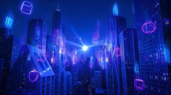 Futuristic cityscape with glowing outlines and floating objects under a bright light
