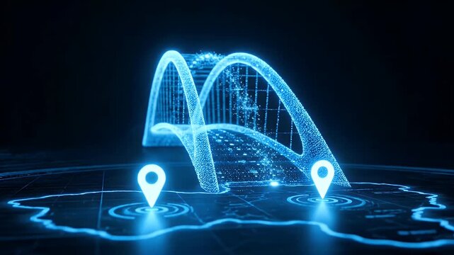 Blue digital bridge connecting two location pins on dark map background