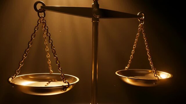 A close-up shot of a vintage golden balance scale with two empty pans, dramatically lit against a dark background, symbolizing justice and measurement.