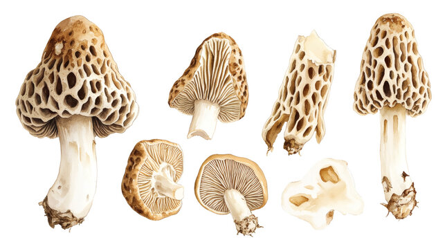 Illustration of multiple morel mushrooms and sliced views on white background, warm beige tones, detailed texture.