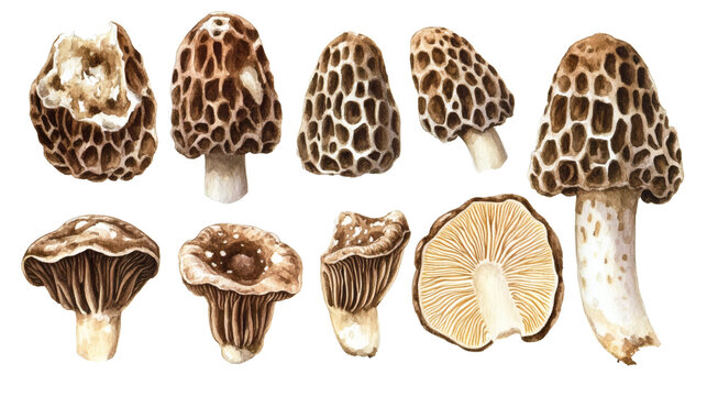Illustration of multiple morel mushrooms and sliced views on white background, warm beige tones, detailed texture.