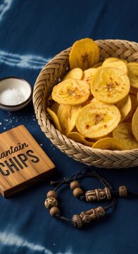 Gourmet Golden Plantain Chips with Chili Salt: Woven Palm Bowl on Indigo Cotton with Traditional African Accents