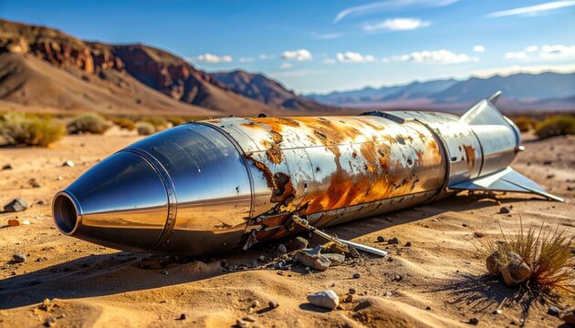 Damaged titanium alloy rocket body fragment with burn marks rests in a desert landscape after a crash
