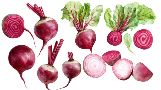 Watercolor beetroot collection: whole beets, sliced rounds, leafy stems on white background