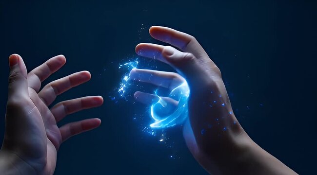 A pair of hands conjuring brilliant blue magic with mystical energy