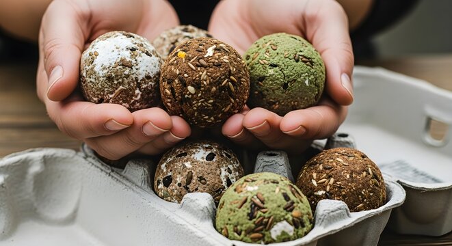 Hands Gently Arranging Homemade Seed Balls Resembling Natural Eggs in a Carton, Celebrating a Happy Easter Day Activity