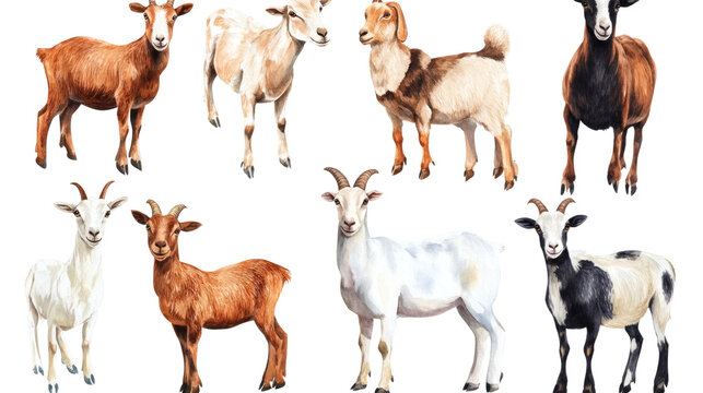 Six white goats in various poses on transparent background, realistic watercolor style