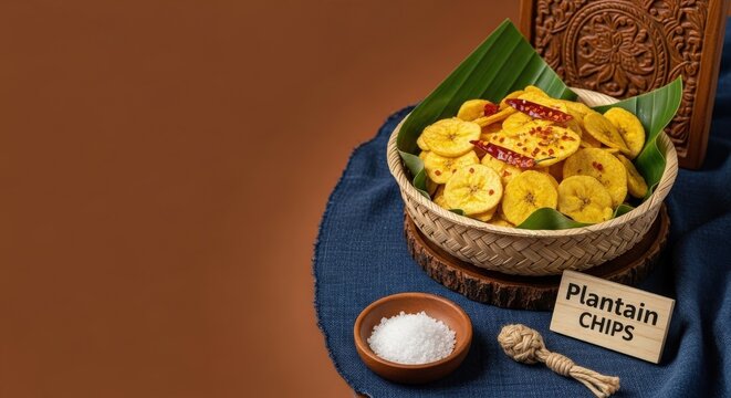 Gourmet Golden Plantain Chips with Chili Salt: Earth-Toned Negative Space, Woven Palm Bowl, and Heritage Accents